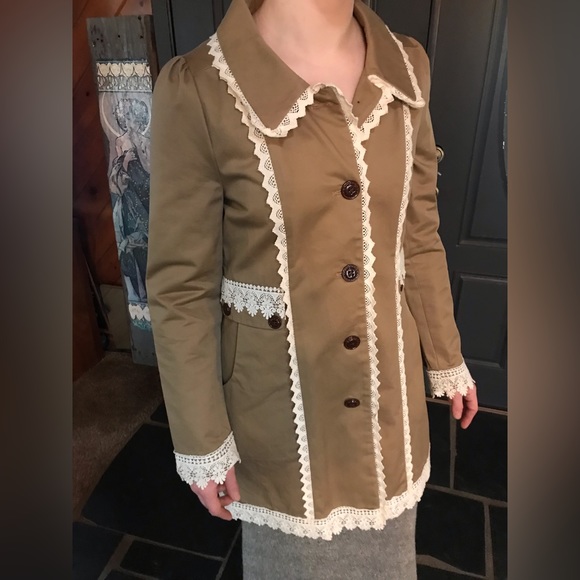 Deep or Shallow Jackets & Blazers - Olive Green Lace-Trim Women's Coat